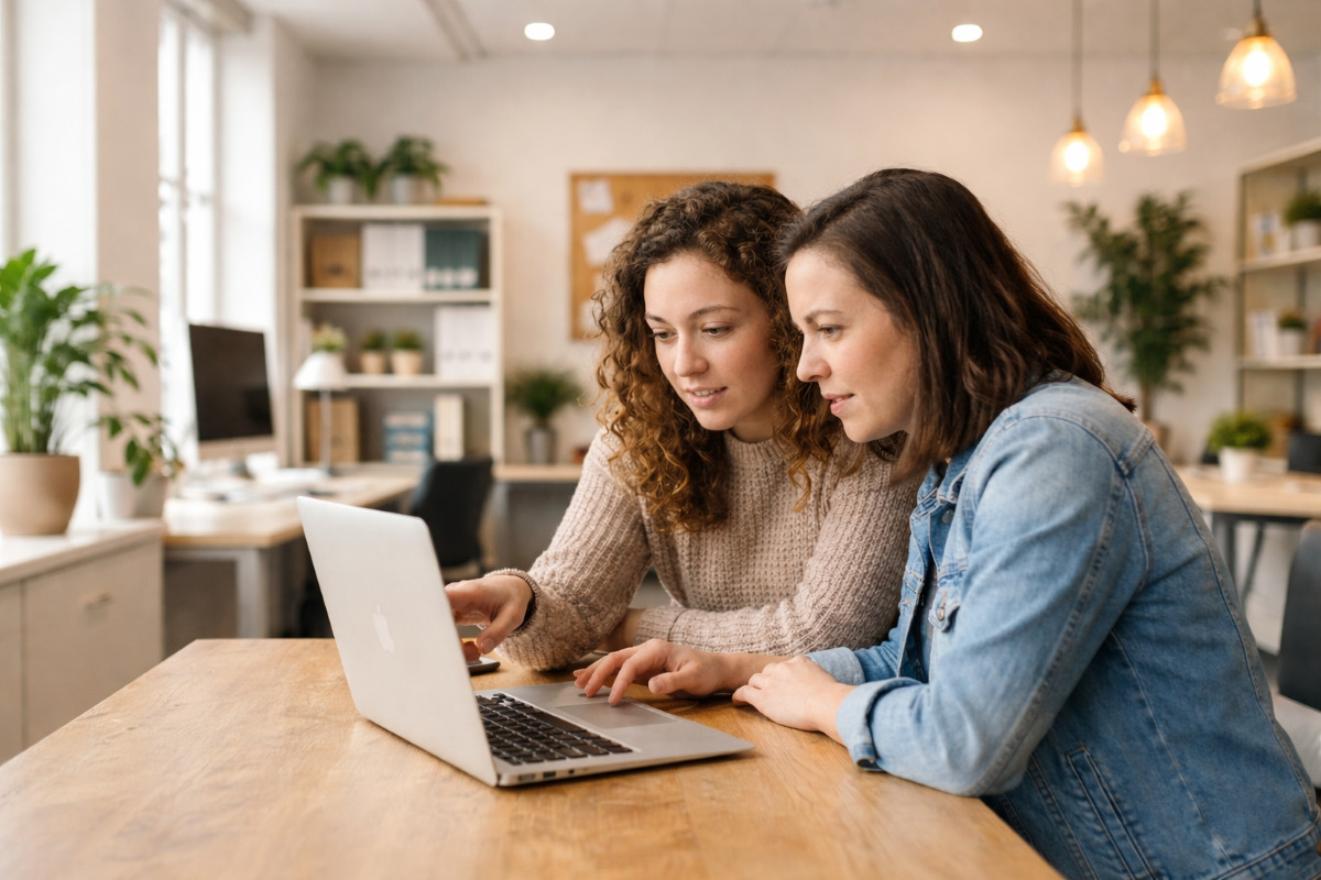 Two women reviewing business directory listings on a laptop in a modern workspace office.