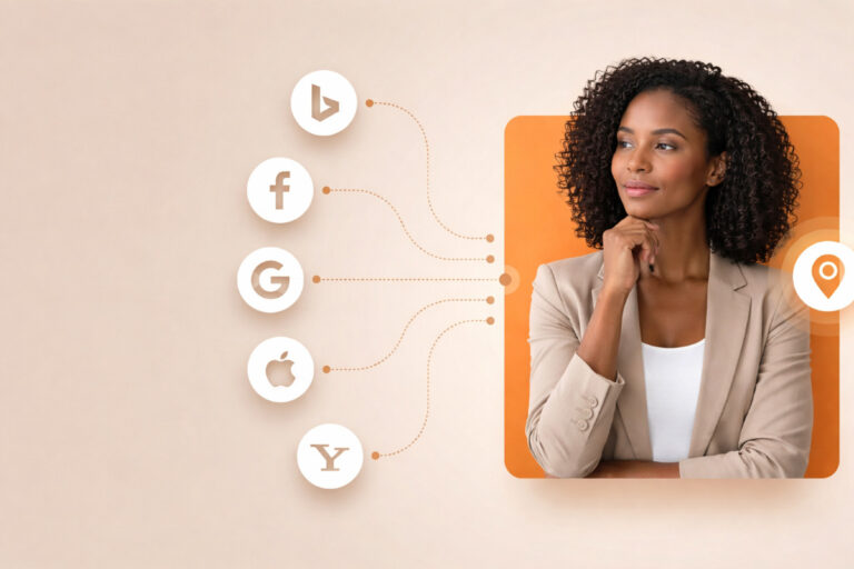 Professional woman connected to Google, Bing, Apple, Facebook, and Yahoo icons with a location pin, representing Wyoming business directory listings.