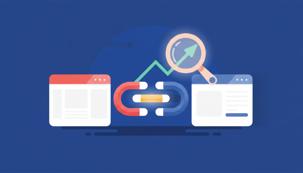 Flat illustration showing a link magnet connecting two websites with a growth arrow viewed through a magnifying glass.