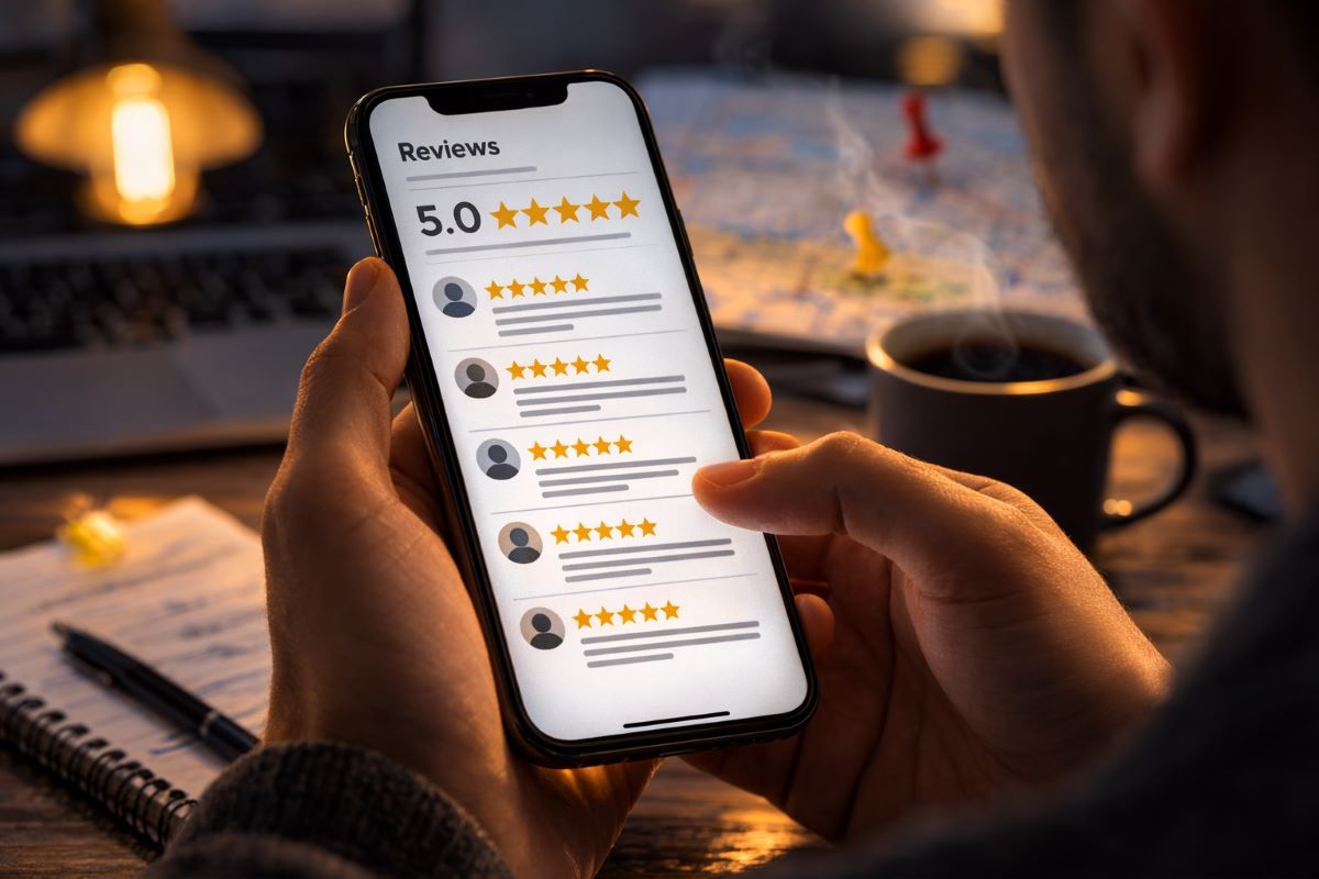 Person holding a smartphone showing a high star rating and multiple five-star reviews, representing fake Google reviews in Wyoming.