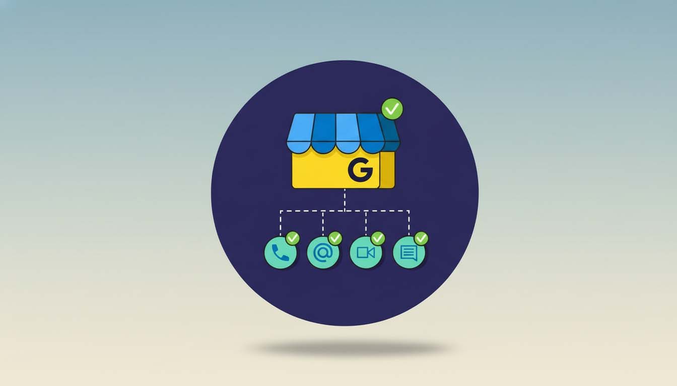 Illustration showing different Google Business Profile verification methods including video call, email, and phone, all marked with green success checkmarks.