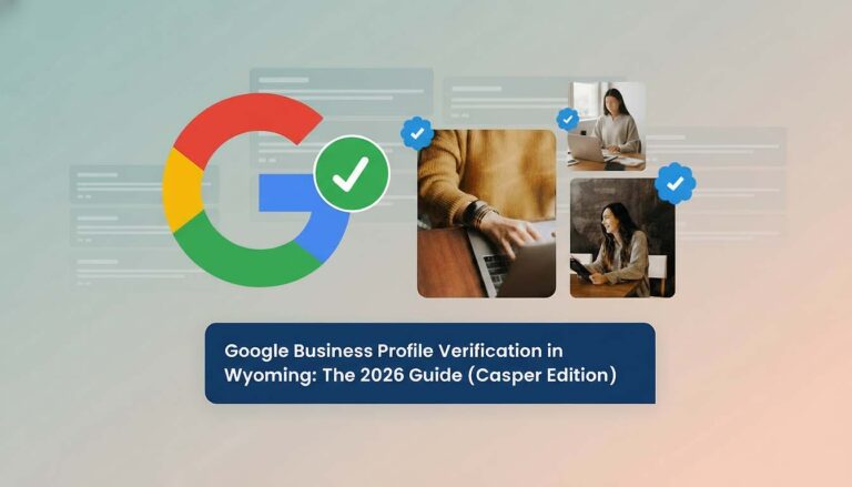 Featured image titled "Google Business Profile Verification in Wyoming: The 2026 Guide" with a green verified checkmark, representing the approval process for Casper businesses.