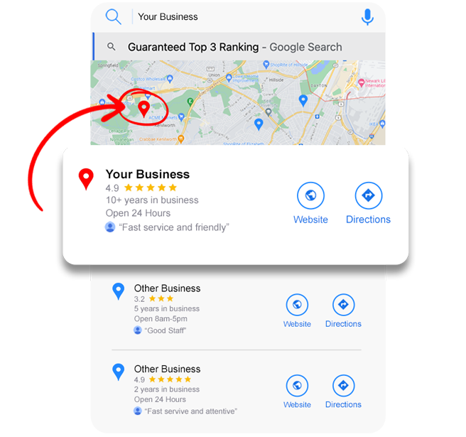 Mobile search interface showing a business ranking #1 in the Google Map Pack with 5-star reviews, outranking competitors in Wyoming local search results.
