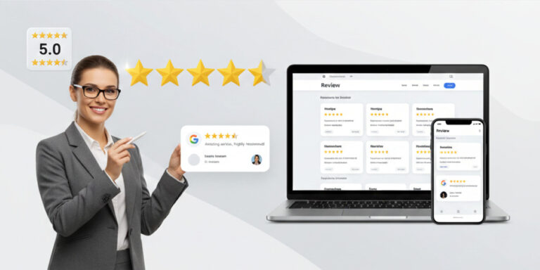 Professional pointing to a 5.0 Google rating on review screens.