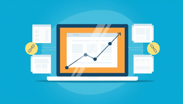 A conceptual illustration of Guest Posting Outreach showing a magnifying glass inspecting a link connection between two websites.