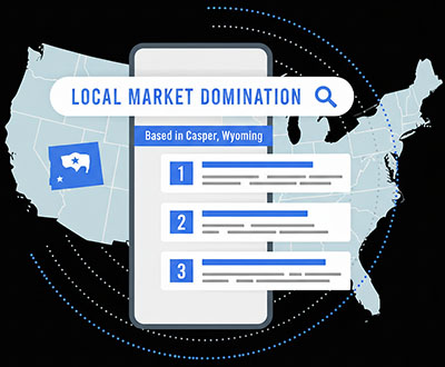 Wyoming Local SEO Services & Pricing Smartphone displaying 'Local Market Domination' search results superimposed on a USA map, highlighting SEO Benchmark's Casper, Wyoming base serving clients nationwide.