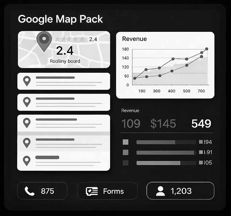 Dashboard illustration showing Google Business Profile metrics: calls, directions, and booked jobs for Wyoming service businesses.