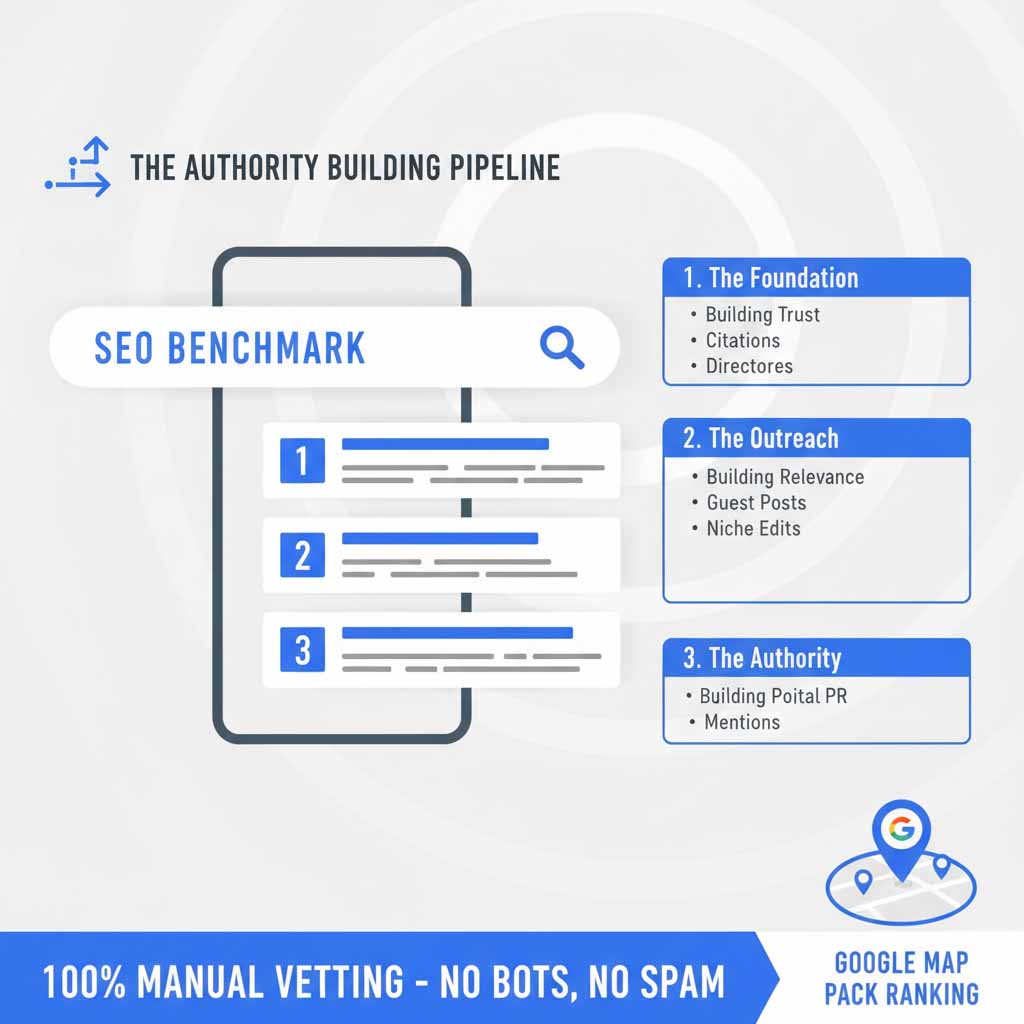 SEO Benchmark Agency's manual link building pipeline showing the foundation, outreach, and authority phases with a 100% manual vetting badge.