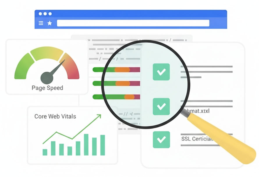 Magnifying glass analyzing website code and performance metrics, representing a detailed Technical SEO audit and fix plan.