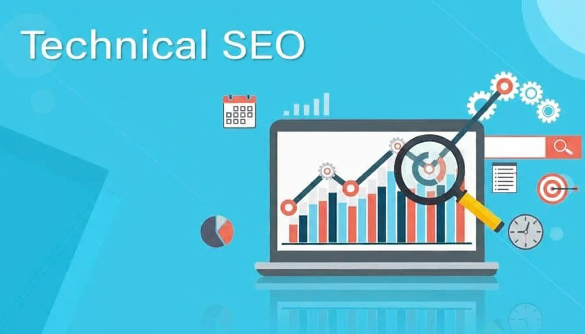 "Technical SEO" graphic with a laptop, charts, and magnifying glass, illustrating the audit process to remove crawling and indexing blockers for local service pages.