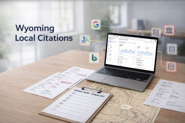 Workspace showing citation audit documents, Google Business Profile dashboard, and Wyoming map highlighting Casper for local citation cleanup.