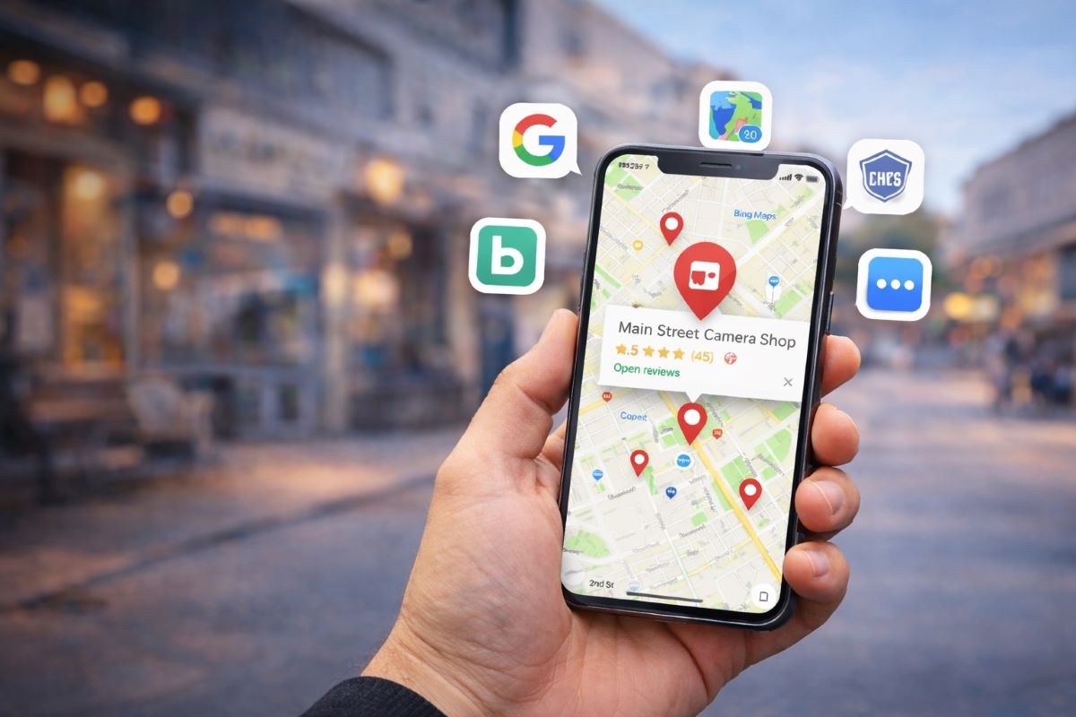 Hand holding smartphone showing local business map listing with directory icons representing Google, Apple Maps, Bing, and Chamber of Commerce visibility.