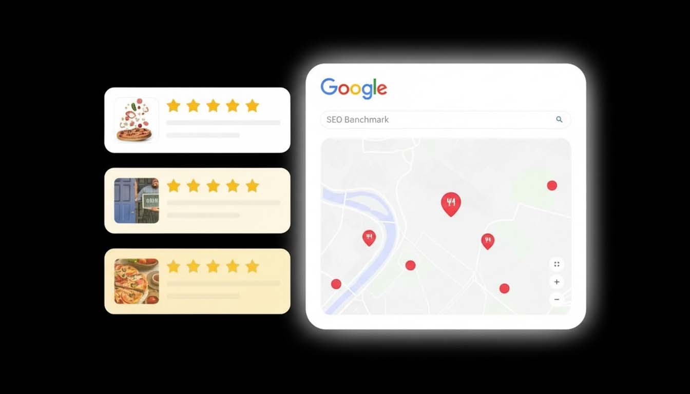 Illustration of Google Maps local ranking results with multiple location pins and positive customer review popups, representing successful Local Search for Wyoming businesses.