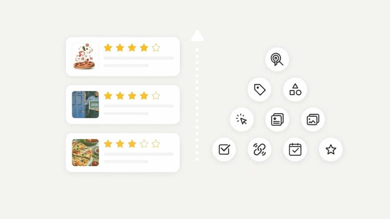 Illustration showing the connection between technical local SEO signals (icons) and gaining 5-star customer reviews, representing the Wyoming Local Search growth process.