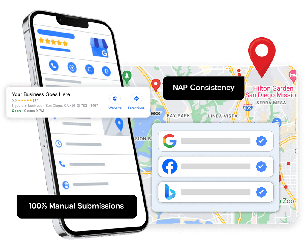 Smartphone displaying a verified Google Business listing with "NAP Consistency" and "100% Manual Submissions" badges, highlighting safe citation building for Wyoming businesses.