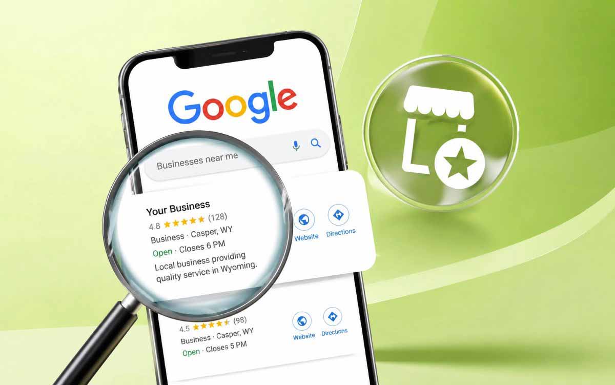 Smartphone showing Google local business search results with a magnifying glass for local SEO and map rankings